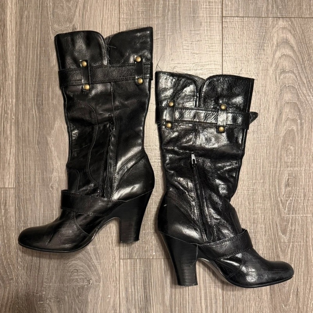 Women's Black Mid-Calf Heeled Boots with Buckle Strap Accents